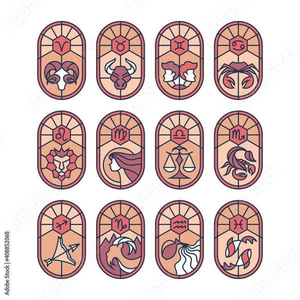 Obraz Graphical stained glass astrological symbols, color zodiacal signs' mosaic illustrations.