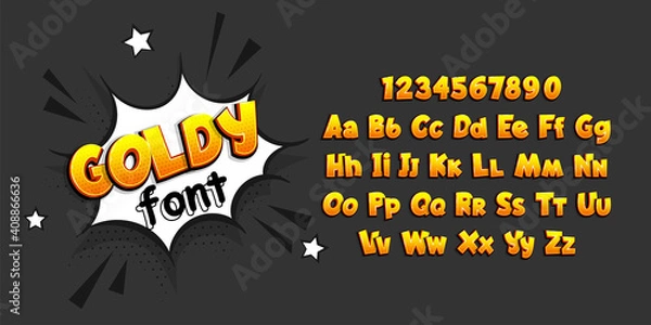 Fototapeta Golden glossy comic book pop art superhero font. Comic text alphabet collection. Bold comics book font with halftone shadow. Speech bubble for text.