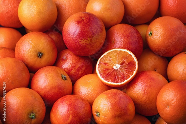 Obraz Many blood oranges, whole and one halved