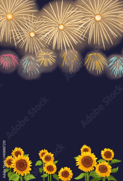 Obraz 打ち上げ花火とひまわり畑　暑中お見舞い　はがきテンプレート　縦
happy summer