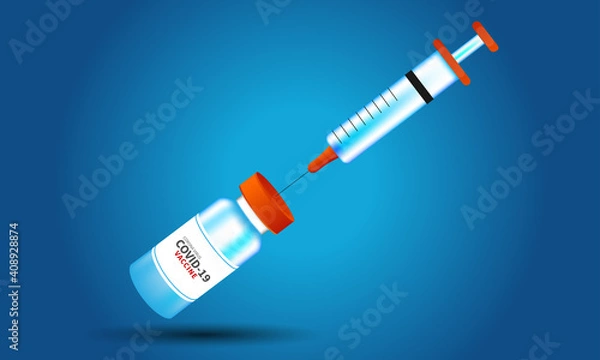 Obraz The concept of the Covid-19 coronavirus. vaccine bottle and syringe on blue background