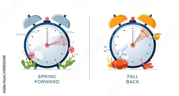 Fototapeta Daylight Saving Time concept. Set of alarm clocks, text fall back, spring forward. Landscapes collection, the clocks turning to summer and winter time for website design. Flat vector illustration