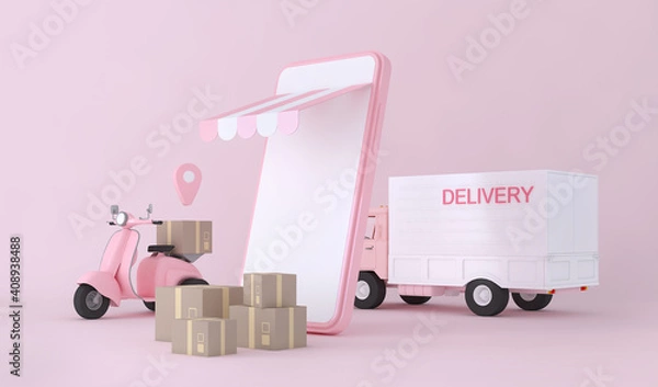 Fototapeta Shopping online express delivery service concept, fast response delivery by scooter, courier Pickup, Delivery, Online Shipping Services. 3d Rendering.
