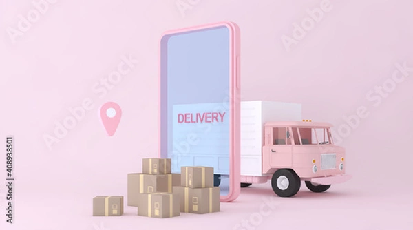 Fototapeta Shopping online express delivery service concept, fast response delivery by scooter, courier Pickup, Delivery, Online Shipping Services. 3d Rendering.