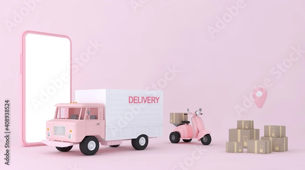 Fototapeta Shopping online express delivery service concept, fast response delivery by scooter, courier Pickup, Delivery, Online Shipping Services. 3d Rendering.