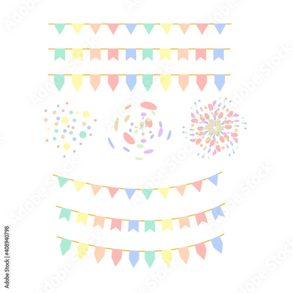 Fototapeta Set of colorful pastel flags, garland, and confetti pattern on white background. Multicolored festival bunting design elements for decoration of greetings cards, invitations, festa junina brazil.