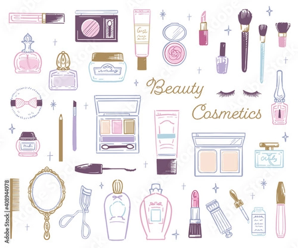 Obraz おしゃれかわいいコスメ　化粧道具 手描きイラスト