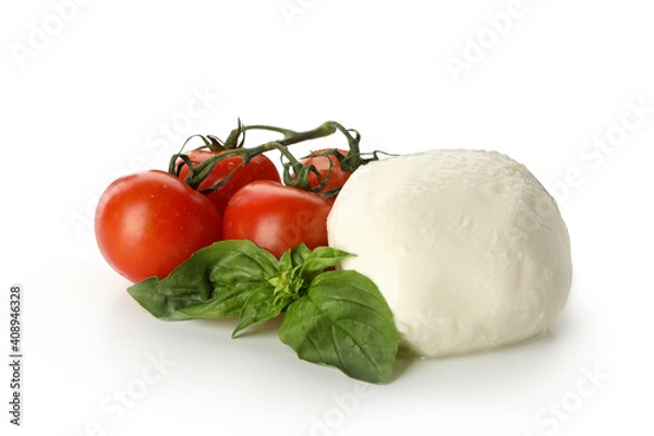 Fototapeta Mozzarella cheese, tomato and basil isolated on white background