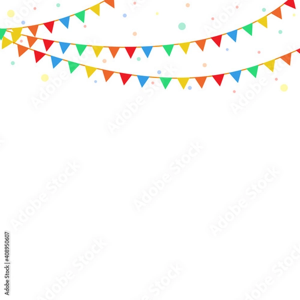Fototapeta Colorful festival flags, garland, and confetti pattern on white background. Multi-colored bunting design elements for decoration of greeting card, party invitation, and Festa Junina brazil.
