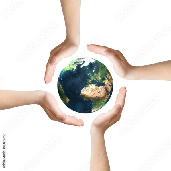 Obraz Four hands surrounding Earth, clipping path