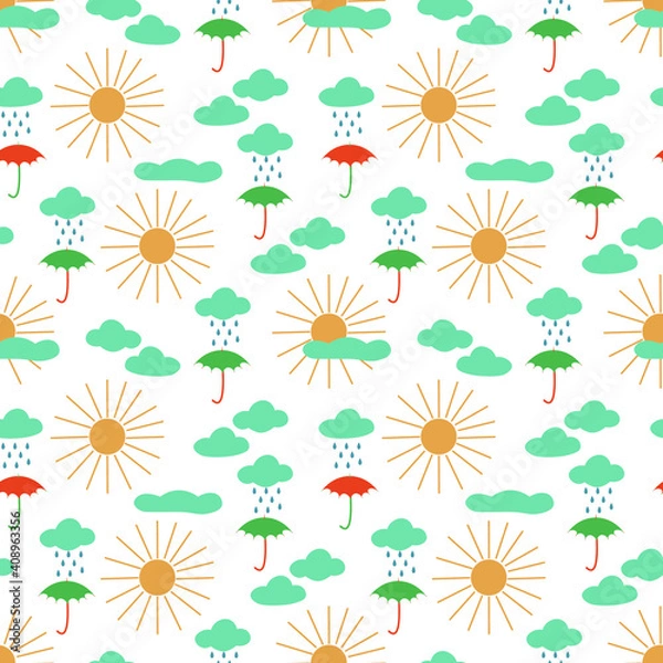 Fototapeta Vector seamless pattern about weather forecast on a white background. Illustration with sun, clouds, raindrops, umbrellas. Design element for print, card, packing, textile, wallpaper, wrapping paper.