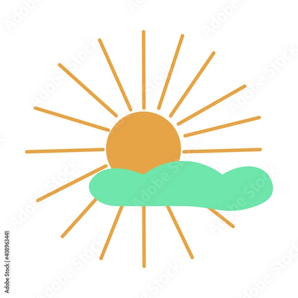 Fototapeta Isolated yellow sun with cloud on a white background. Vector illustration of partly cloudy weather. Design element about weather forecast for prints, cards, packings, textile.