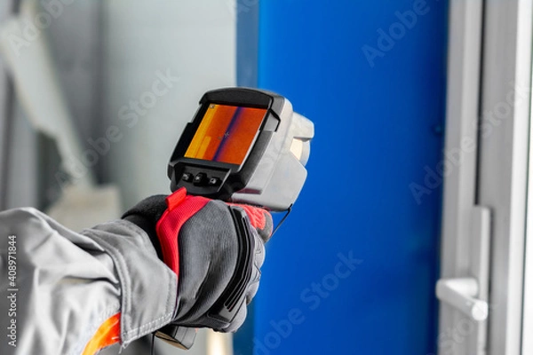 Obraz A thermal imager in the hands of an electrician conducting an inspection of the equipment