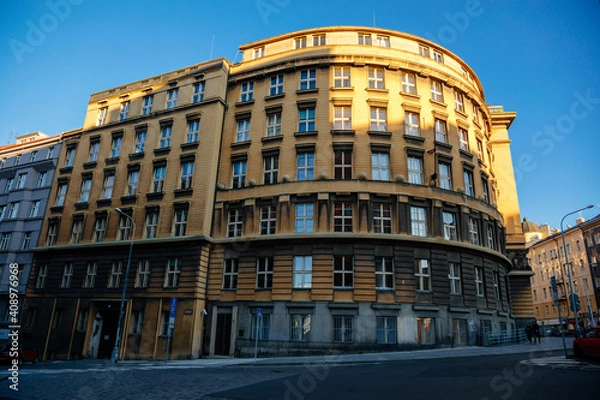 Fototapeta Municipal Court, historical building at the Vinohrady Quarte, sunny day, Prague, Czech Republic