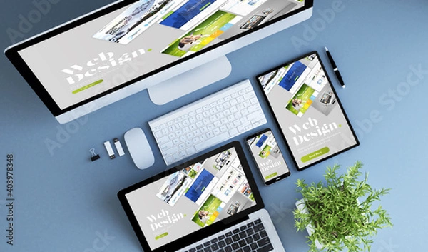 Obraz top view blue devices photo web design