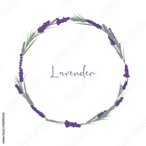 Obraz lavender frame, circle round wreath lila flowers leaves. vector herbal plant set