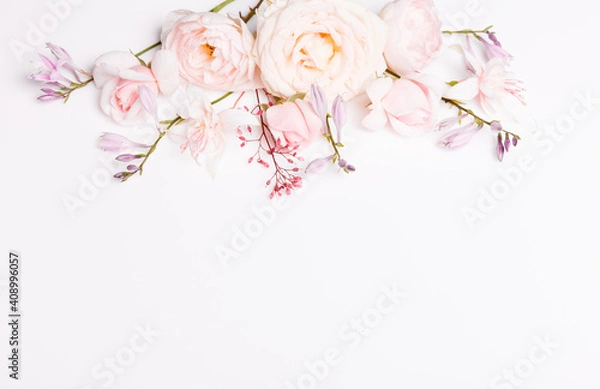 Obraz Festive flower composition on the white background. Overhead view