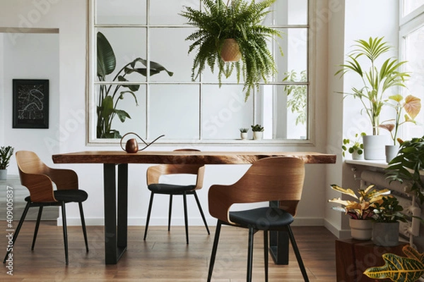 Fototapeta Stylish and botany interior of dining room with design craft wooden table, chairs, a lof of plants, window, poster map and elegant accessories in modern home decor. Template.