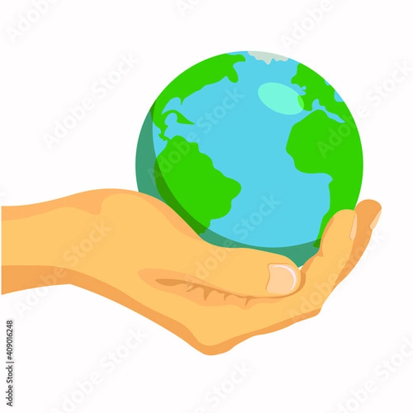 Fototapeta Happy Earth Day! Vector eco illustration for social poster, banner or card on the theme of saving the planet.
Hand close the planet from pollution, save the planet, save energy, Earth day concept. Col