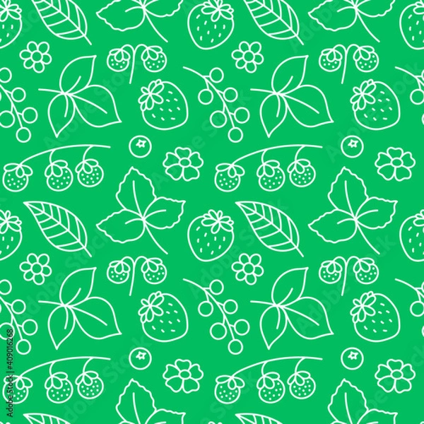 Fototapeta Simple and cute summer doodle style pattern. Berries and leaves on a green background. Elegant decor for textiles, fabrics and packaging. 