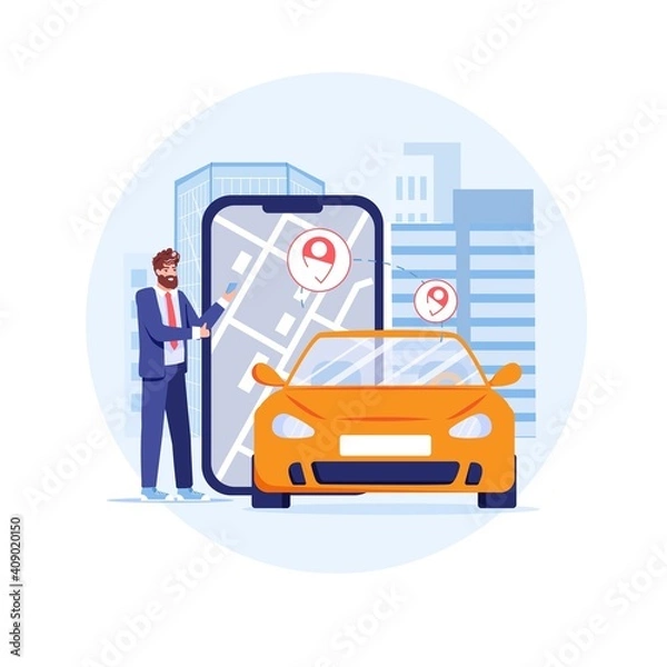 Fototapeta Vector cartoon flat character,car,gps tracking online app map navigator on smartphone screen with track navigation pins-web site,mobile application design,social media concept