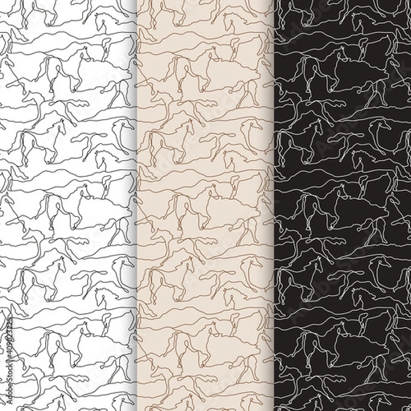 Fototapeta Pattern set with linear horse outlines black. Three color opctions. Vector illustration for backgrounds, textile, wallpapers and other designs.