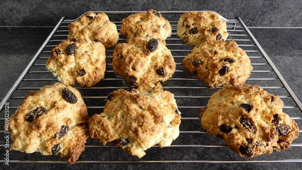 Fototapeta Close up of a batch of home made, freshly baked rock cakes cooling on a chrome grill standing on a black marbled surface. Interior landscape image with selective focus on middle bun. 