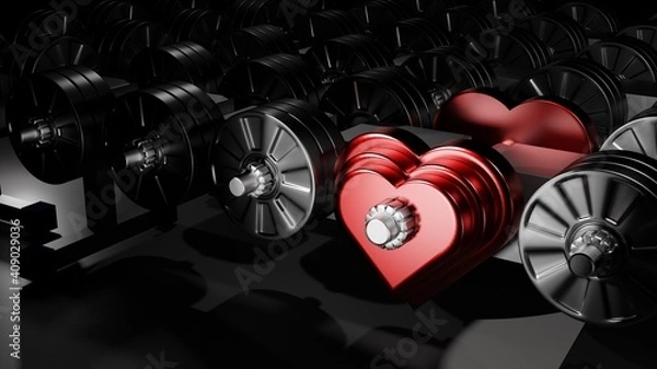 Fototapeta Dumbbells are made from hearts. Sports equipment in the sports hall. Conceptual 3d illustration
