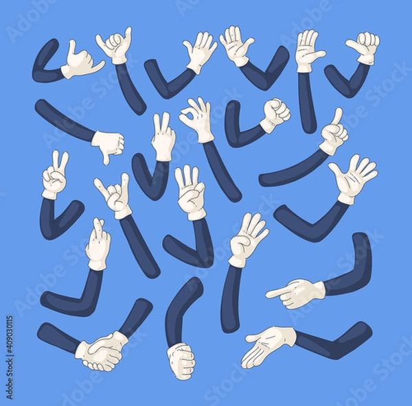 Fototapeta Comic gloved arms set. Comic retro hands in gloves hand character shows gestures relax, call me, stop, class, peace, ok, fist, attention, handshake, showing numbers symbol doodle line art