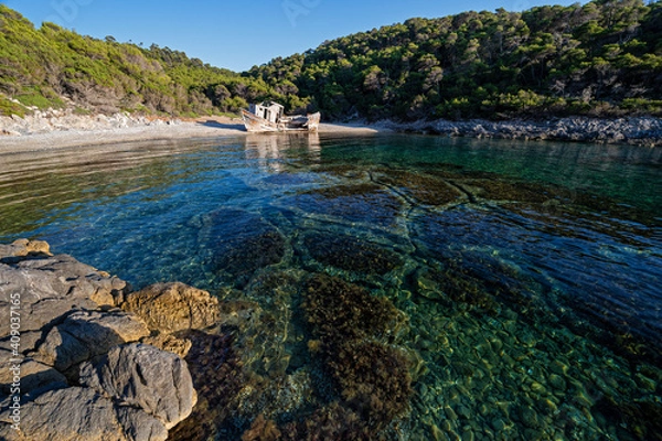 Fototapeta Shipwreck abandoned at a beach of Skyros island in Greece