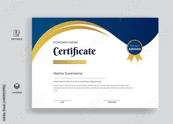 Fototapeta Certificate of appreciation template blue & gold color certificate design