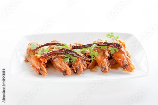 Fototapeta Fried prawn with garlic
