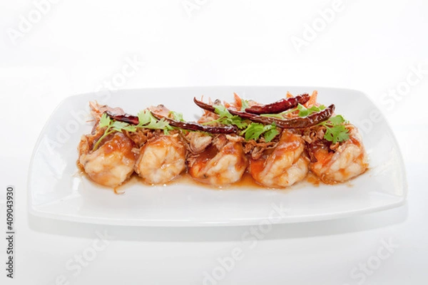 Fototapeta Fried prawn with garlic