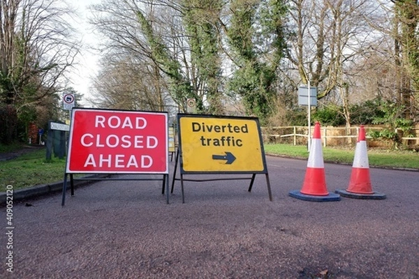 Fototapeta Road ahead closed and diversion signs