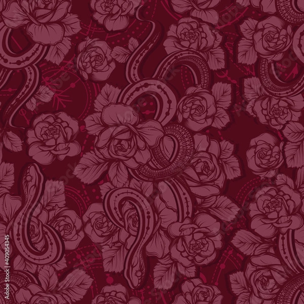Fototapeta Vector illustration, snake and flowers, astronomical geometry, Handmade, seamless pattern, burgundy background