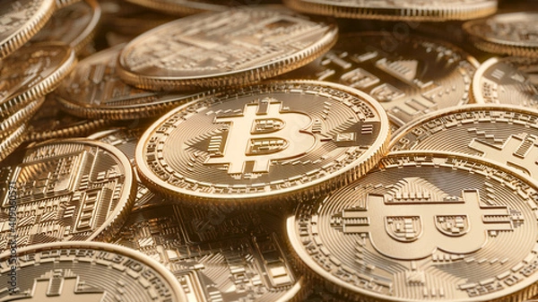 Fototapeta Group of golden bitcoin coin scattered. Popular digital currency. Cryptocurrency created, distributed, traded, and stored in decentralized ledger system known as a blockchain.