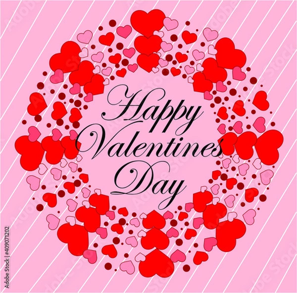 Fototapeta Valentine, pink background with white lines. a circle made of hearts of different sizes and in the center the phrase happy valentines day