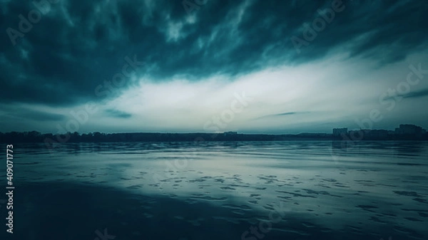 Fototapeta Sunset and clouds on the river, horror