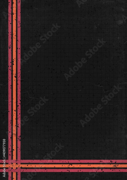 Obraz A retro 1970's or 1980's dark graphic background design for use as a product, poster or flyer background with orange and red stripes with corner design and copy space