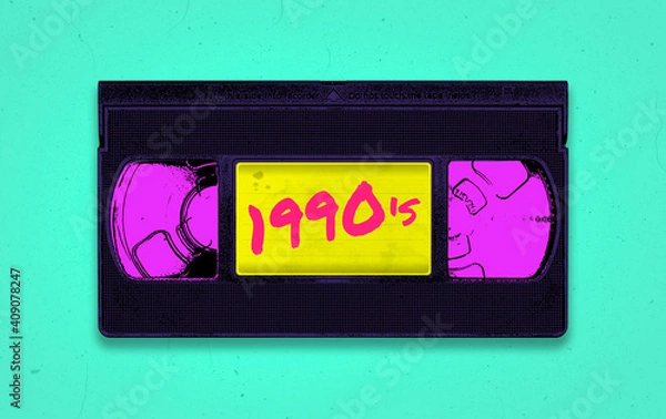 Obraz A vibrant and colorful retro synthwave 1990's themed old black VHS video tape illustration with distressed background and copy space