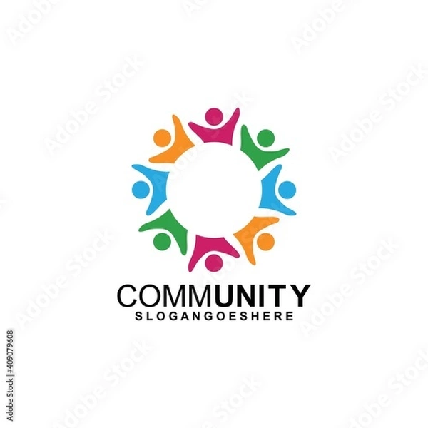 Fototapeta Community logo icon design with colorful people in a circular shape. Symbol of teamwork, solidarity human concept vector illustration, company branding, discussion forum, social network, team
