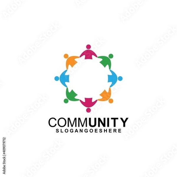 Fototapeta Community logo icon design with colorful people in a circular shape. Symbol of teamwork, solidarity human concept vector illustration, company branding, discussion forum, social network, team