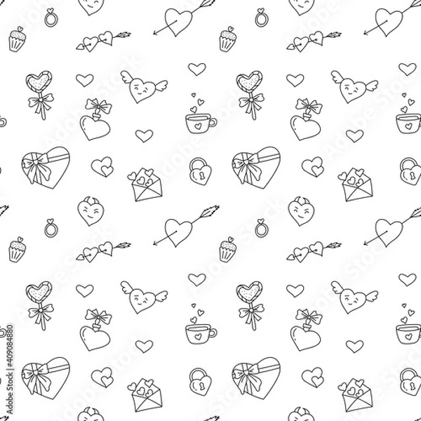Obraz Set of elements for Valentine's Day. Doodle illustration on white background. Pattern