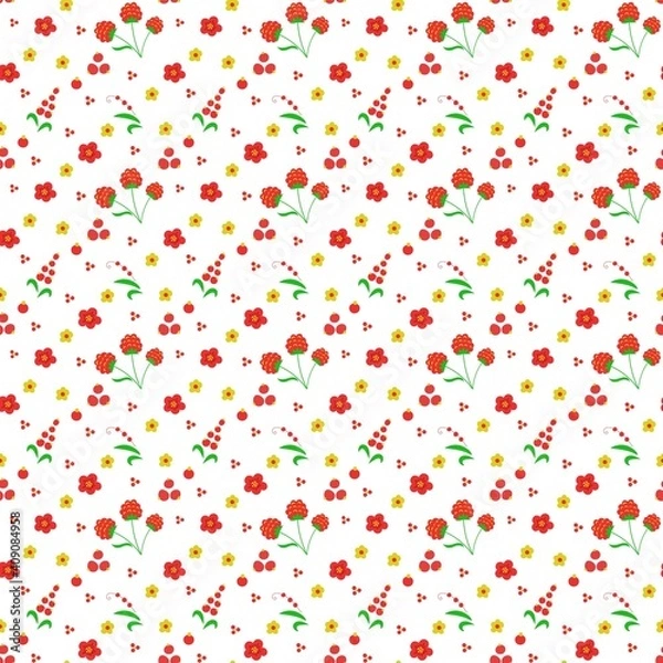 Obraz Raspberry, currant and flowers seamless pattern. Summer berries illustration