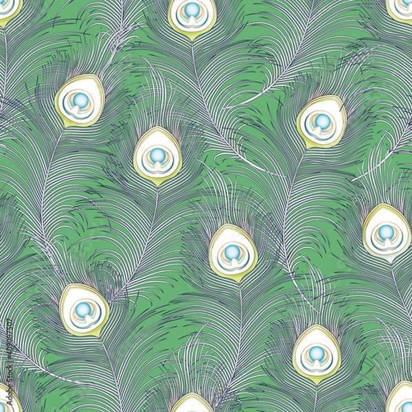 Fototapeta Peacock feathers Seamless pattern, background. Outline and colored vector illustration..