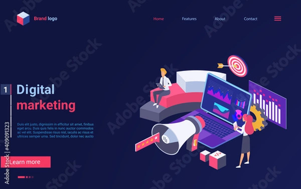 Fototapeta Digital marketing technology isometric vector illustration. Cartoon 3d marketer people standing next to megaphone and laptop with graphic data on screen, work with audience and content landing page