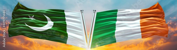 Fototapeta Ireland Flag and Pakistan flag waving with texture sky Cloud and sunset Double flag
