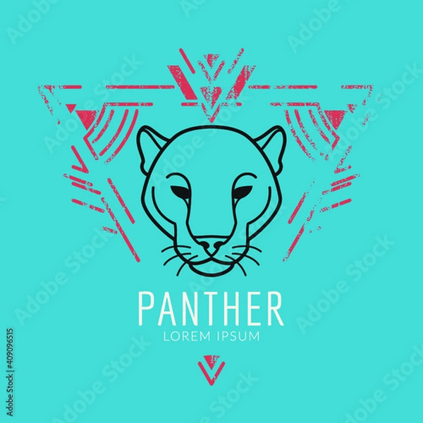 Obraz Panther linear head logo in tribal frame..Vector colorful illustration in flat style with grunge texture
