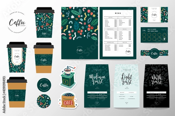 Fototapeta Coffee branding identity set for coffee shop or cafe. Collection of lettering logo, menu template, paper cup design and loyalty card. Pouch bag packaging design, coasters