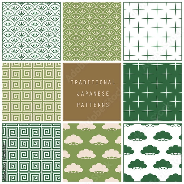 Obraz 和柄パターンセット─雷紋、松、蚊絣、花青海波/ Traditional Japanese Patterns